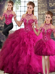Inexpensive Fuchsia Lace Up Halter Top Beading and Ruffles 15 Quinceanera Dress Tulle Sleeveless