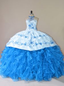 Blue Sleeveless Embroidery and Ruffles Lace Up 15 Quinceanera Dress