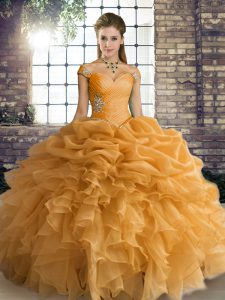 Low Price Orange Sweet 16 Dress Military Ball and Sweet 16 and Quinceanera with Beading and Ruffles and Pick Ups Off The Shoulder Sleeveless Lace Up
