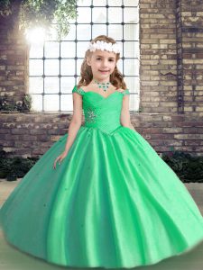Custom Design Apple Green Ball Gowns Straps Sleeveless Tulle Floor Length Lace Up Beading High School Pageant Dress