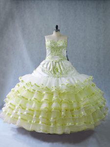 Eye-catching Sweetheart Sleeveless Vestidos de Quinceanera Floor Length Embroidery and Ruffled Layers Yellow Green Organza