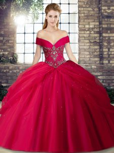 Red Tulle Lace Up 15th Birthday Dress Sleeveless Brush Train Beading and Pick Ups