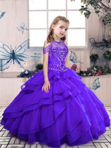 Perfect Sleeveless Floor Length Beading and Ruffled Layers Lace Up Little Girls Pageant Gowns with Purple