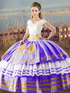 Ideal White And Purple Satin Lace Up V-neck Sleeveless Floor Length 15 Quinceanera Dress Embroidery and Ruffled Layers