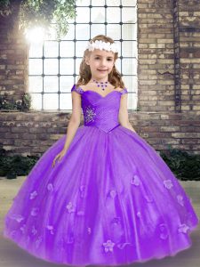 Lavender Ball Gowns Straps Sleeveless Tulle Lace Up Beading and Hand Made Flower Kids Pageant Dress
