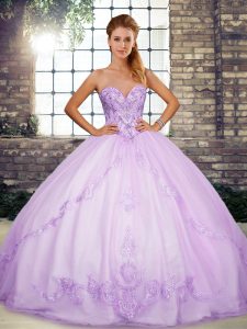 Superior Floor Length Lace Up Ball Gown Prom Dress Lavender for Military Ball and Sweet 16 and Quinceanera with Beading and Embroidery