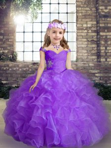 Purple Straps Neckline Beading Girls Pageant Dresses Sleeveless Lace Up