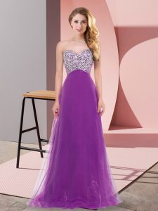 Eggplant Purple Empire Sweetheart Sleeveless Tulle Floor Length Lace Up Beading Dama Dress for Quinceanera