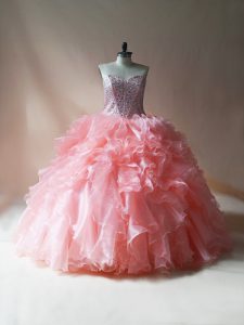 Sexy Floor Length Pink Quinceanera Gown Sweetheart Sleeveless Lace Up