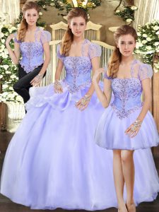 Fine Lavender Three Pieces Strapless Sleeveless Organza Floor Length Lace Up Beading and Appliques Sweet 16 Quinceanera Dress
