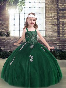 Dark Green Straps Neckline Appliques Pageant Gowns For Girls Sleeveless Lace Up