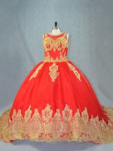 Free and Easy Sleeveless Tulle Court Train Lace Up Ball Gown Prom Dress in Red with Appliques