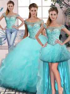 Aqua Blue Ball Gowns Tulle Off The Shoulder Sleeveless Beading and Ruffles Lace Up Sweet 16 Quinceanera Dress