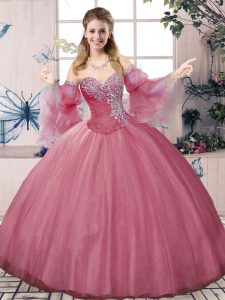 Noble Pink Lace Up Quinceanera Dresses Beading and Ruching Sleeveless Floor Length