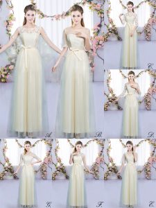 Champagne Empire Tulle Scoop Sleeveless Lace and Bowknot Floor Length Lace Up Dama Dress