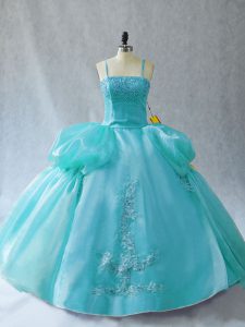 Traditional Floor Length Aqua Blue Quince Ball Gowns Straps Sleeveless Lace Up