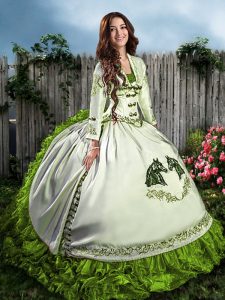 Nice Floor Length Olive Green 15 Quinceanera Dress Organza Sleeveless Embroidery and Ruffles