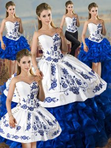 Hot Sale Blue And White Ball Gowns Embroidery and Ruffles Quinceanera Dress Lace Up Organza Sleeveless Floor Length
