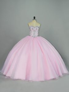 Luxury Sleeveless Tulle Lace Up Sweet 16 Quinceanera Dress in Baby Pink with Beading