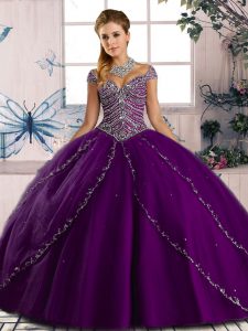 Tulle Cap Sleeves Quince Ball Gowns Brush Train and Beading