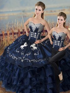 Navy Blue Two Pieces Satin and Organza Sweetheart Sleeveless Embroidery and Ruffles Floor Length Lace Up Ball Gown Prom Dress