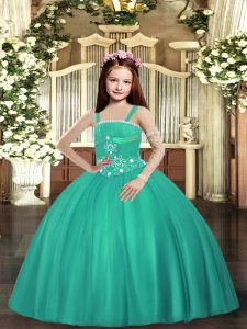 Turquoise Sleeveless Tulle Lace Up Little Girls Pageant Gowns for Party and Wedding Party