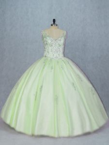 Modern Sleeveless Tulle Lace Up Quince Ball Gowns in Yellow Green with Beading