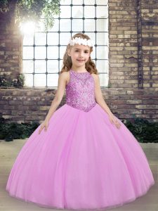 Elegant Lilac Tulle Lace Up Scoop Sleeveless Floor Length Pageant Dresses Beading