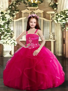 Hot Pink Straps Lace Up Beading and Ruffles Kids Pageant Dress Sleeveless