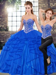 Beading and Ruffles Quinceanera Gowns Royal Blue Lace Up Sleeveless Floor Length