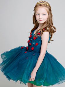 Fashion V-neck Sleeveless Organza Kids Formal Wear Lace and Appliques Zipper