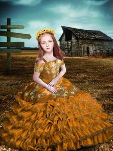 On Sale Brown Organza Lace Up Little Girls Pageant Dress Wholesale Short Sleeves Floor Length Embroidery and Ruffled Layers