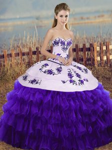 White And Purple Lace Up Sweetheart Embroidery and Ruffled Layers and Bowknot Quinceanera Gown Organza Sleeveless