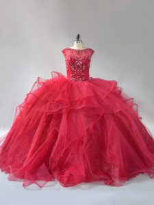 Eye-catching Wine Red Sleeveless Brush Train Beading and Ruffles Sweet 16 Quinceanera Dress