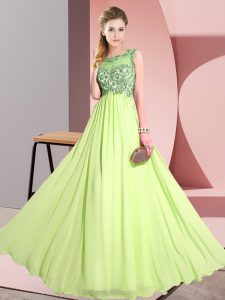 Yellow Green Empire Scoop Sleeveless Chiffon Floor Length Backless Beading and Appliques Dama Dress