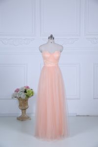 Peach Empire Tulle Sweetheart Sleeveless Ruching Floor Length Zipper Court Dresses for Sweet 16