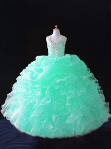 Apple Green Ball Gowns Straps Sleeveless Organza Floor Length Zipper Beading and Ruffles and Pick Ups Pageant Gowns For Girls