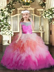 Custom Designed Multi-color Ball Gowns Tulle Scoop Sleeveless Lace and Ruffles Floor Length Backless Little Girls Pageant Dress Wholesale