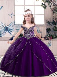 Eggplant Purple Ball Gowns Tulle Straps Sleeveless Beading Floor Length Lace Up Pageant Gowns For Girls