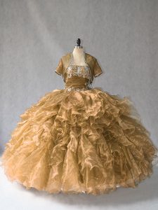 On Sale Brown Ball Gowns Beading and Ruffles Sweet 16 Dresses Lace Up Organza Sleeveless Floor Length