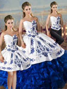 Blue And White Ball Gowns Embroidery and Ruffles Ball Gown Prom Dress Lace Up Satin and Organza Sleeveless Floor Length