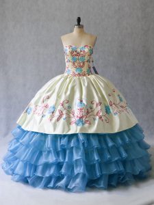 Blue And White Sleeveless Floor Length Embroidery and Ruffled Layers Lace Up 15 Quinceanera Dress