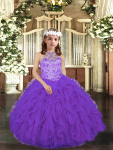 Classical Floor Length Purple Child Pageant Dress Tulle Sleeveless Beading and Ruffles