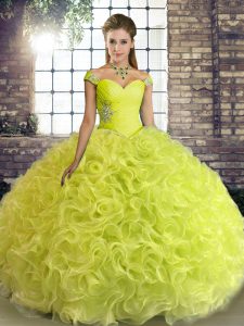 Fitting Off The Shoulder Sleeveless Sweet 16 Dresses Floor Length Beading Yellow Green Fabric With Rolling Flowers