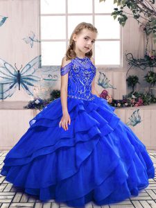 Perfect Royal Blue Ball Gowns Beading Pageant Dress Lace Up Organza Sleeveless Floor Length