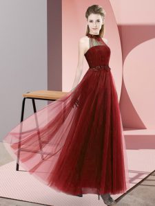 Pretty Tulle Halter Top Sleeveless Lace Up Beading and Appliques Dama Dress in Wine Red