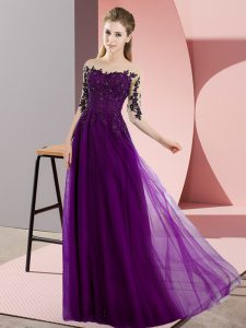 Chiffon Half Sleeves Floor Length Quinceanera Dama Dress and Beading and Lace