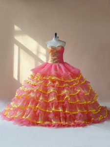 Pink Organza Lace Up Quinceanera Gown Sleeveless Beading and Ruching