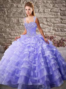 Beauteous Lavender Straps Lace Up Beading and Ruffled Layers 15 Quinceanera Dress Court Train Sleeveless