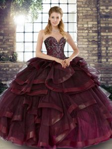 Burgundy Sweetheart Lace Up Beading and Ruffles Quince Ball Gowns Sleeveless